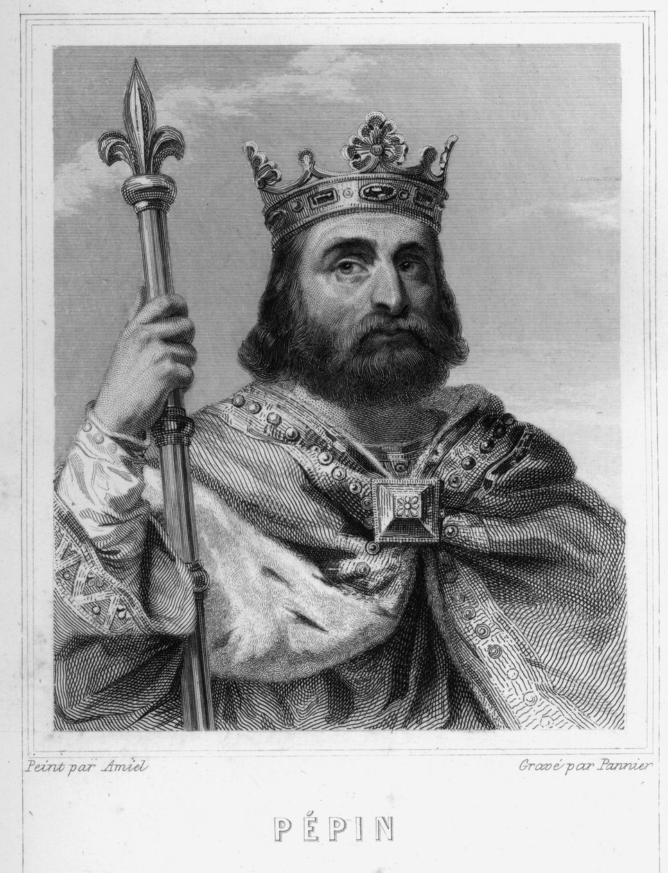 Porträtt av Pépin le Brief (v. 714 - 768), frankernas kung, förste av karolingerna - i "Histoire des Français" av Lavallée, gravyr, sd. av Unknown artist