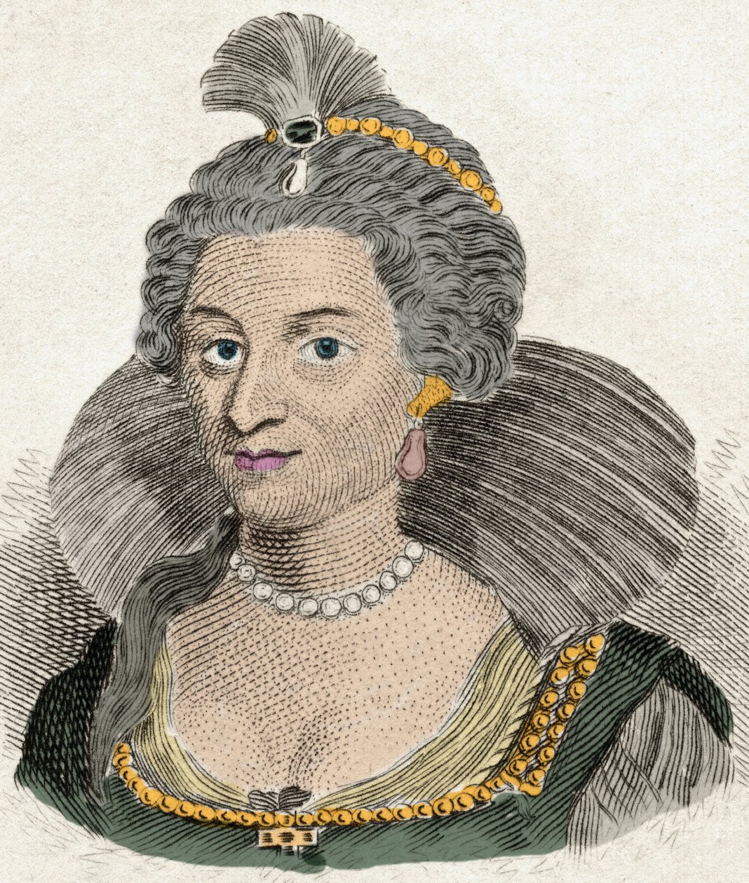 Porträtt av drottning Anne av Danmark drottning av England (1574-1619), hustru till kung James I av England (1566-1625). Gravyr av 1800-talet av Unknown artist