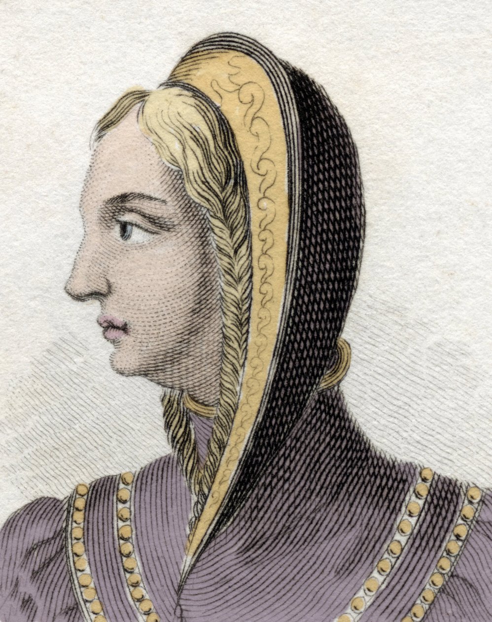 Porträtt av drottning Isabella av Kastilien (Isabella 1:a katoliken) (1451-1504). Gravyr av 1800-talet. av Unknown artist