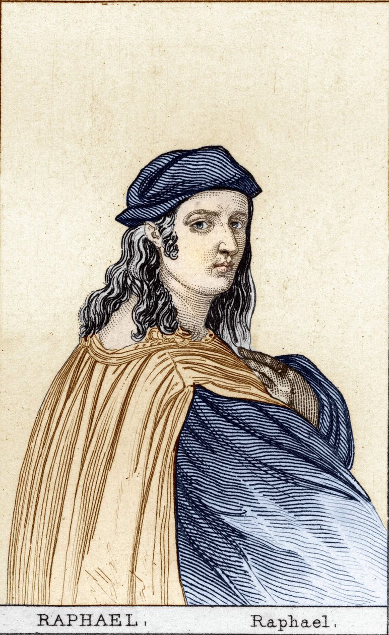 Porträtt av Rafael (Raffaello Sanzio 1483 - 1520) (1483 - 1520), italiensk målare. Gravyr 1800-talet. av Unknown artist