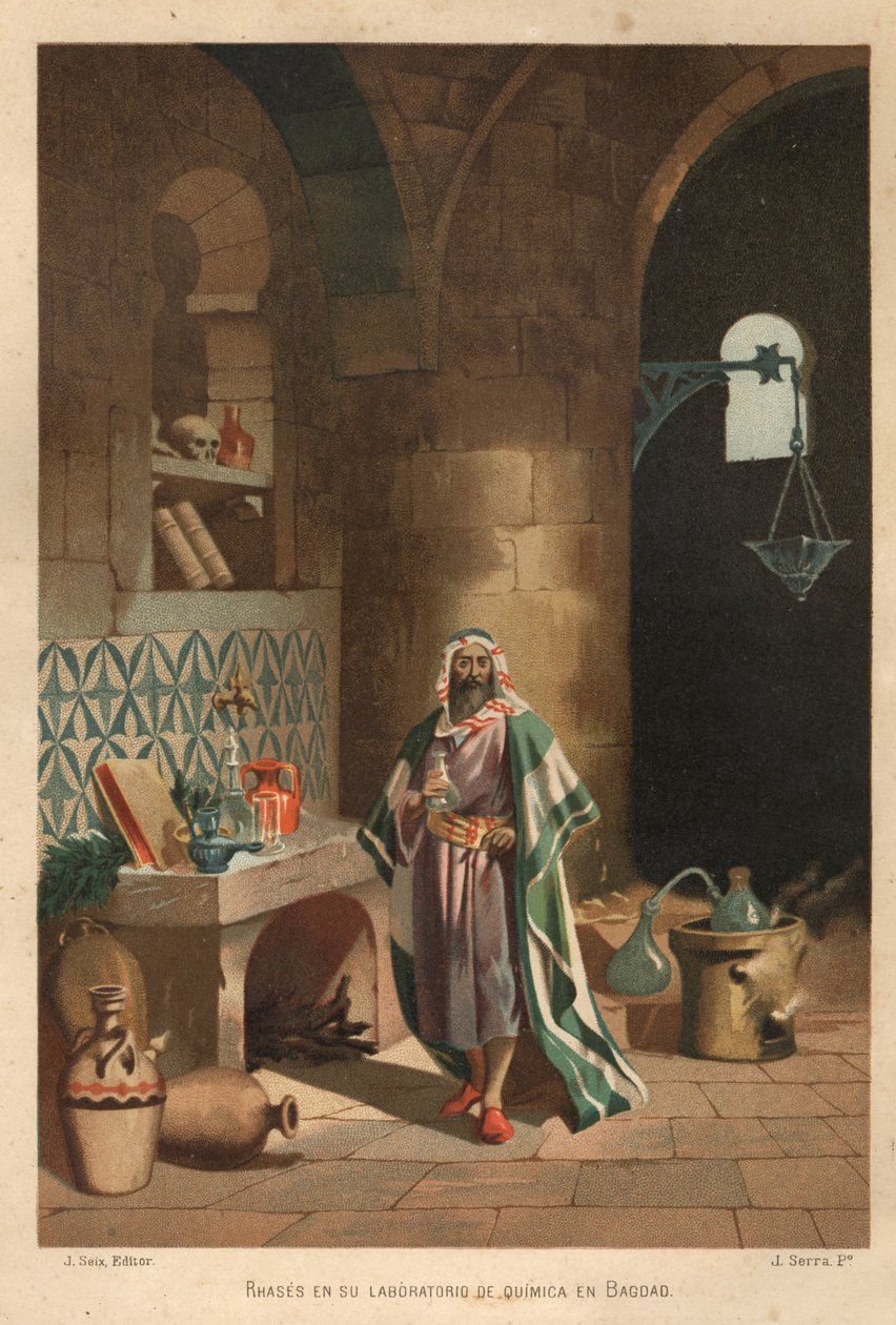 Porträtt av Rhases (Rhazes, Razi, Al-Razi, Razis eller Rases) (840-923) persisk vetenskapsman) i sitt laboratorium i Bagdad. Barcelona 1881 av Unknown artist