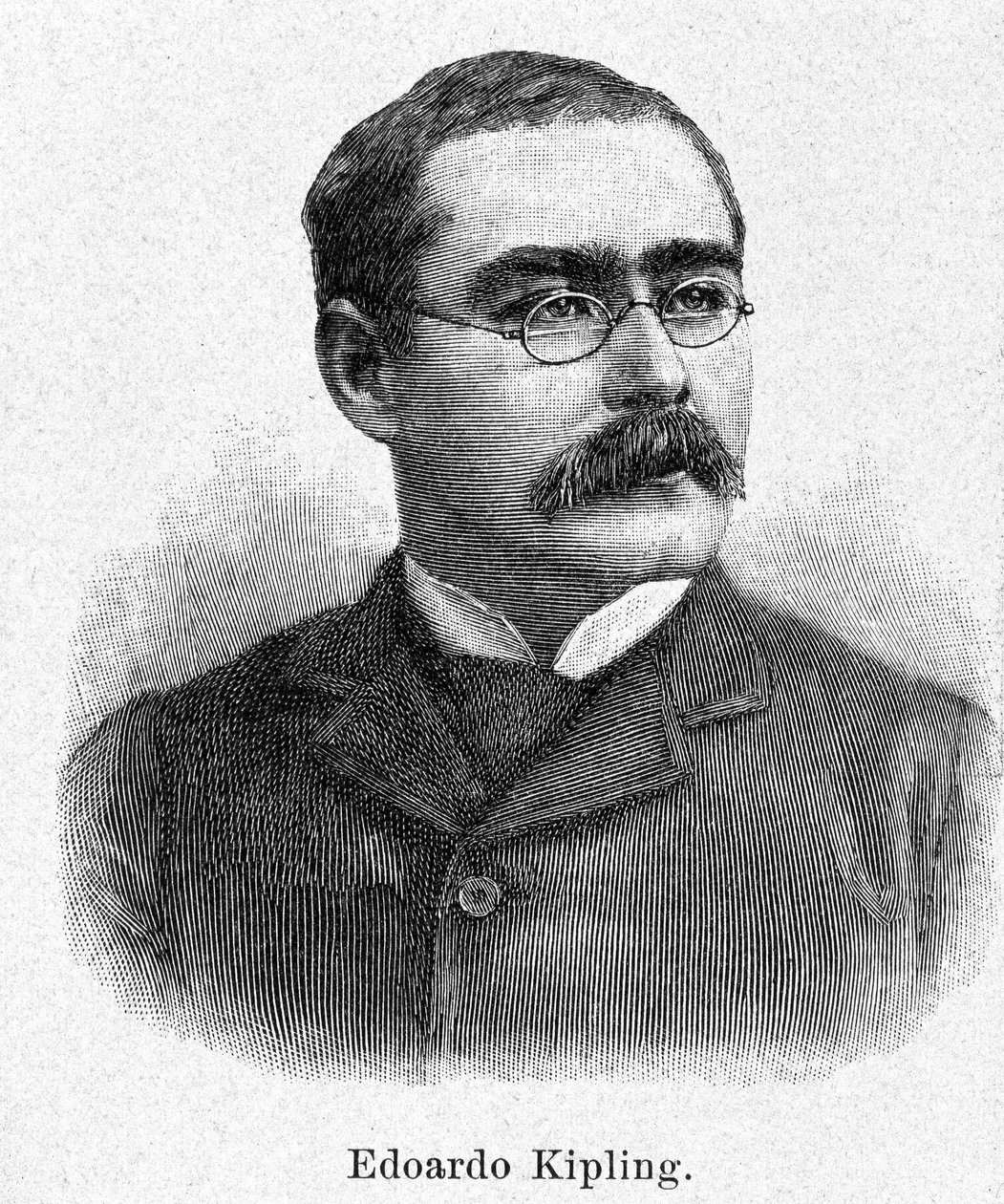 Porträtt av Rudyard Kipling (1865-1936), brittisk romanförfattare och poet, gravyr från 1800-talet. av Unknown artist