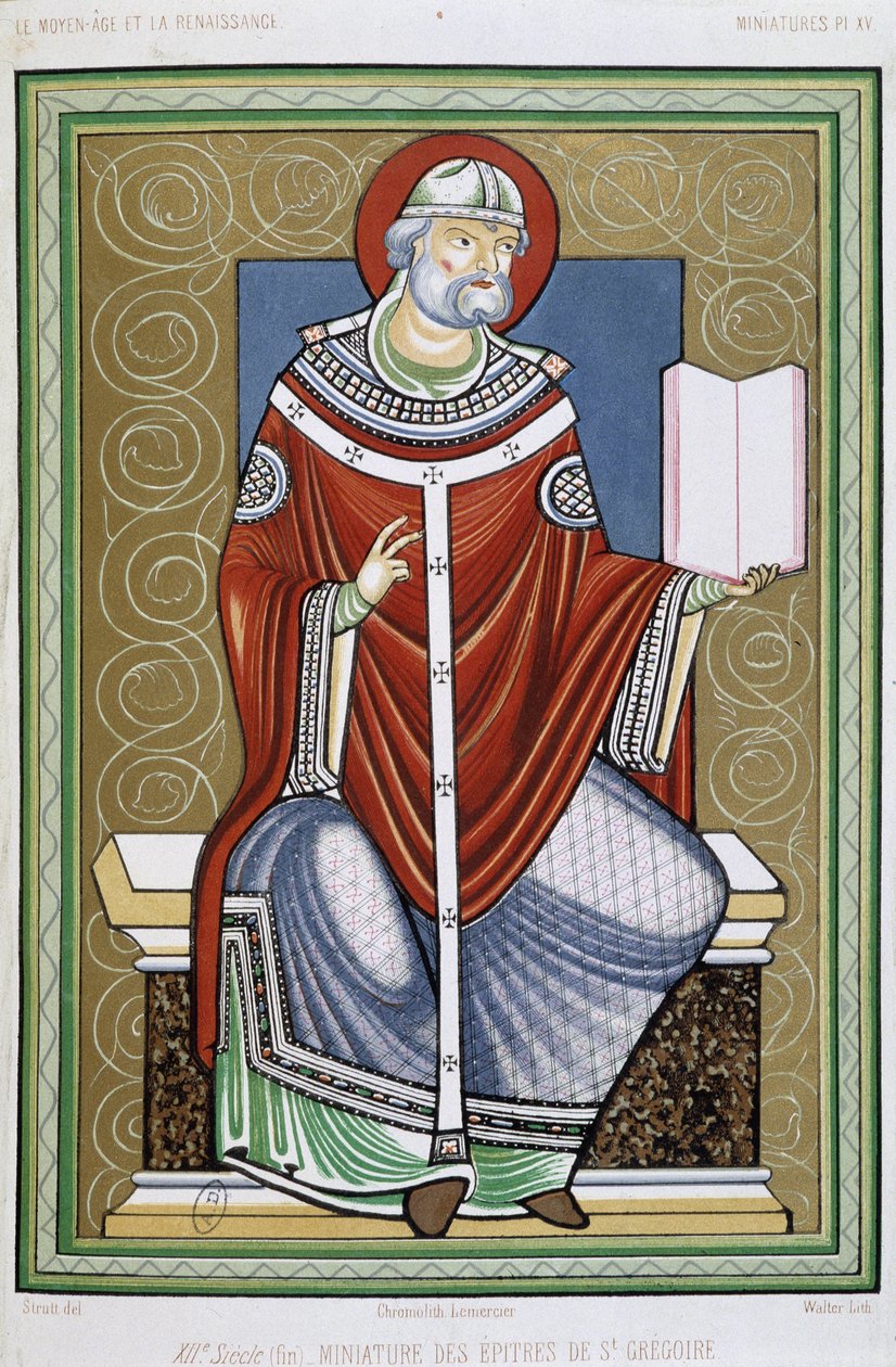Porträtt av Saint Gregory, chromo 19th från miniatyr av Saint Gregory Epistles av Unknown artist