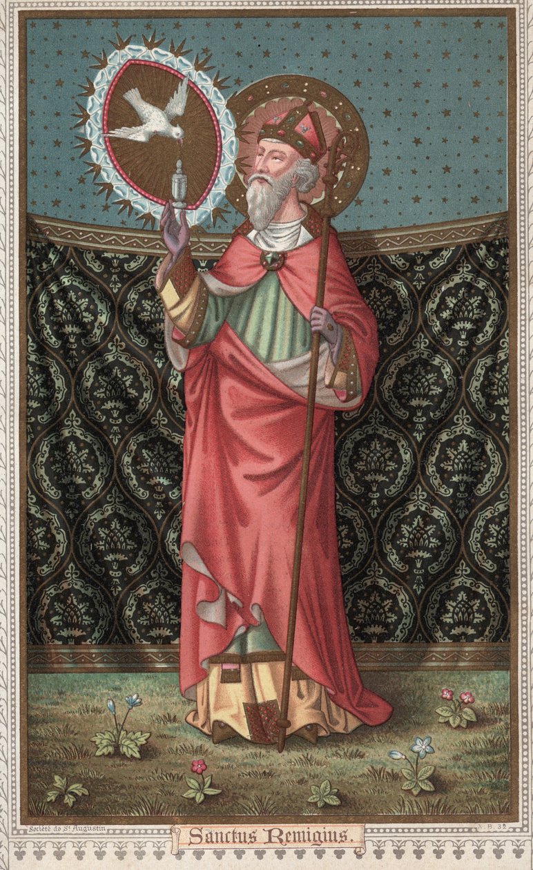Porträtt av Saint Remi (437-533) (Saint Remigius, Remy Remigio) besök av den Helige Andes duva (Helige Ande). Kromolitografi från slutet av 1800-talet. av Unknown artist