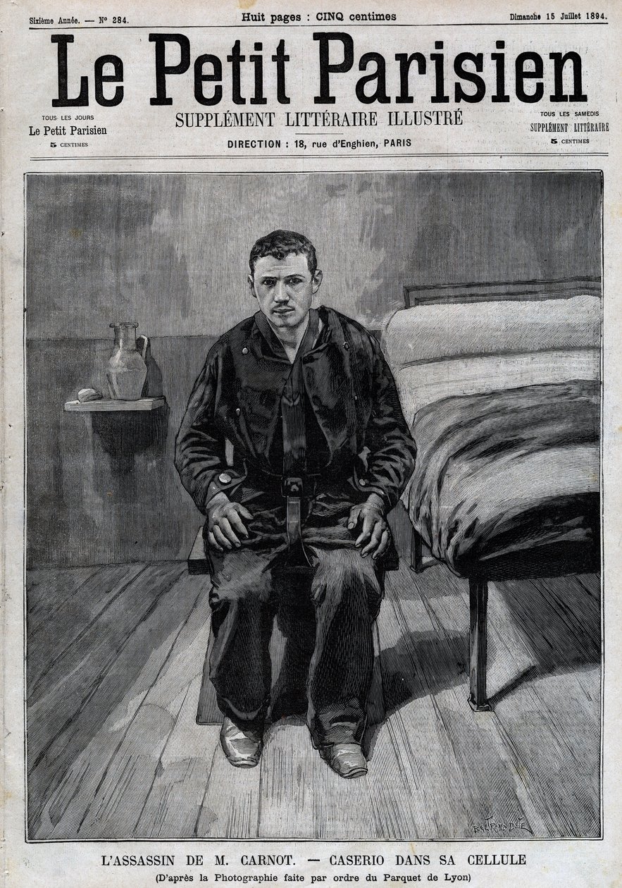 Porträtt av Sante Caserio (1873-1894) italiensk anarkist, mördare av Sadi Carnot, i fängelse. Gravyr i "" Le Parisien"" av Unknown artist