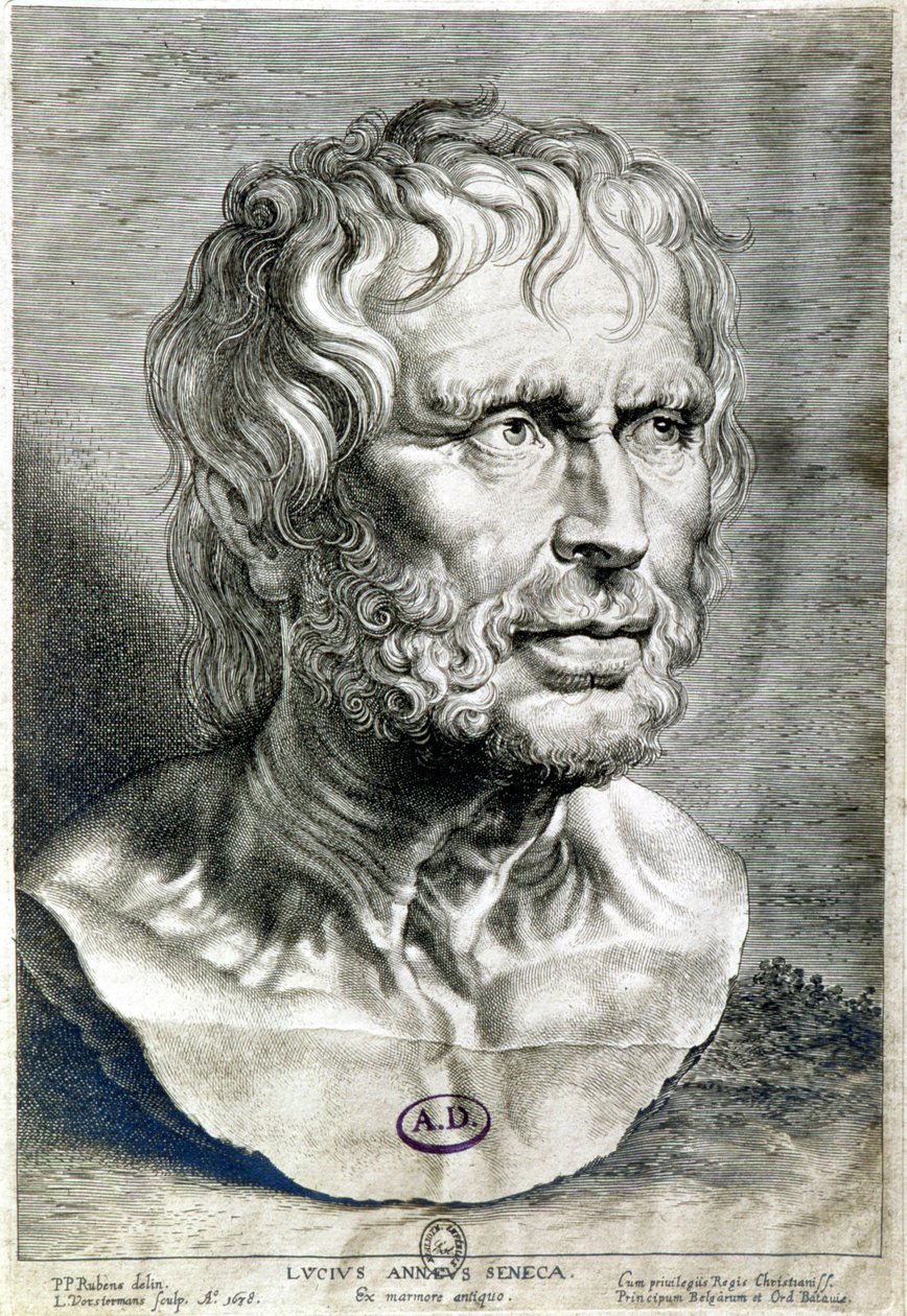 Porträtt av Seneque (Lucius Annaeus Seneca, 4 f.Kr.-65 e.Kr.), filosof av den stoiciska skolan, dramatiker och en romersk statsman - Gravyr 1638 - Coll Maciet, Library of Decorative Arts, Paris av Unknown artist