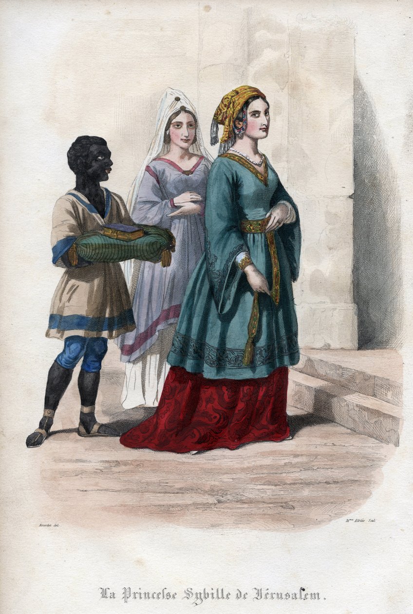 Porträtt av Sibylla av Jerusalem (Jerusalem Sibylle) (ca 1160-1190), prinsessan då drottning av Jerusalem. Gravyr från 1842 i "Histoire des popes"" av Maurice Lachatre. Privat samling. av Unknown artist