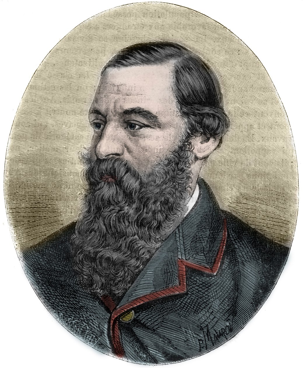 Porträtt av Sir Samuel Baker (1821-1893) gravyr från ""Picturesque Histoire des grands voyages au nineteenth century""". 1877 av Unknown artist