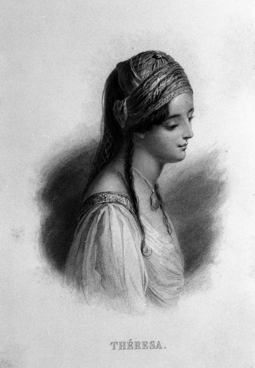 Porträtt av Teresa Gamba i Guiccioli (1800-talet) förälskad i poeten George Gordon Byron. Gravyr av 1800-talet av Unknown artist