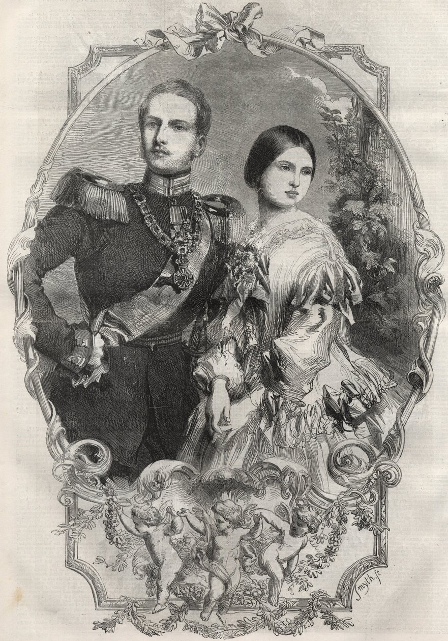 Porträtt av deras kungliga högheter prinsessan Victoria (1840-1901) (drottning Victoria) och kronprins Fredrik William av Preussen (1831-1888). Gravyr från 1858. av Unknown artist