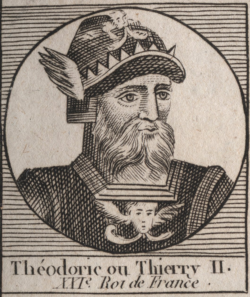 Porträtt av Thierry II (587-613) Kung av frankerna av Austrasien och Bourgogne från 595 till 613 - THIERRY II (Theuderic eller Theuderich, Theoderic eller Theodoric II) kung av Bourgogne och Austrasien - gravyr från "Instruction sur l