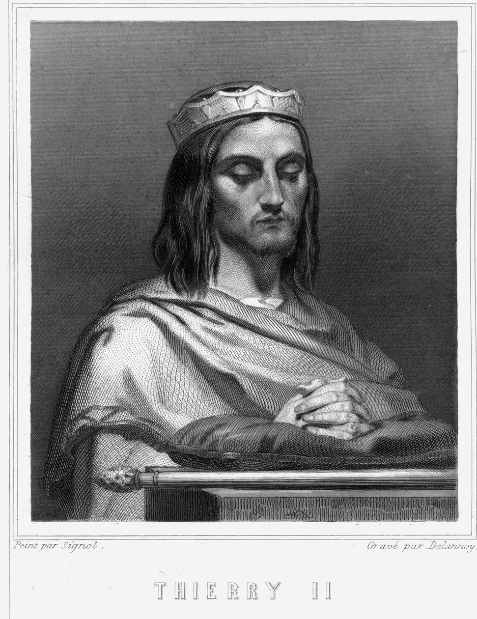 Porträtt av Thierry II (? - 613), kung av Bourgogne och Austrasie - i "Histoire des Français" av Lavallée, gravyr, sd. av Unknown artist