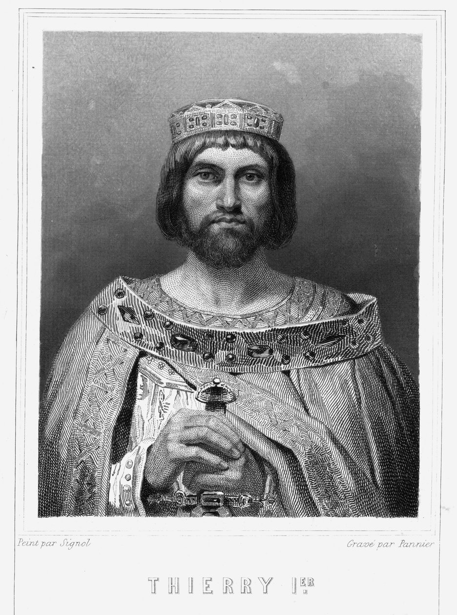 Porträtt av Thierry I (? - 533), kung av Austrasia - i "" Histoire des Français"" av Lavallée, gravyr, sd. av Unknown artist