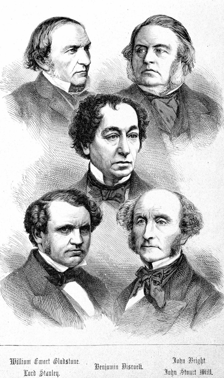 Porträtt av William Ewart Gladstone, John Bright, Lord Stanley, John Stuart Mill och Benjamin Disraeli - i "" The Contemporains", n.d. sent 1800-tal. av Unknown artist