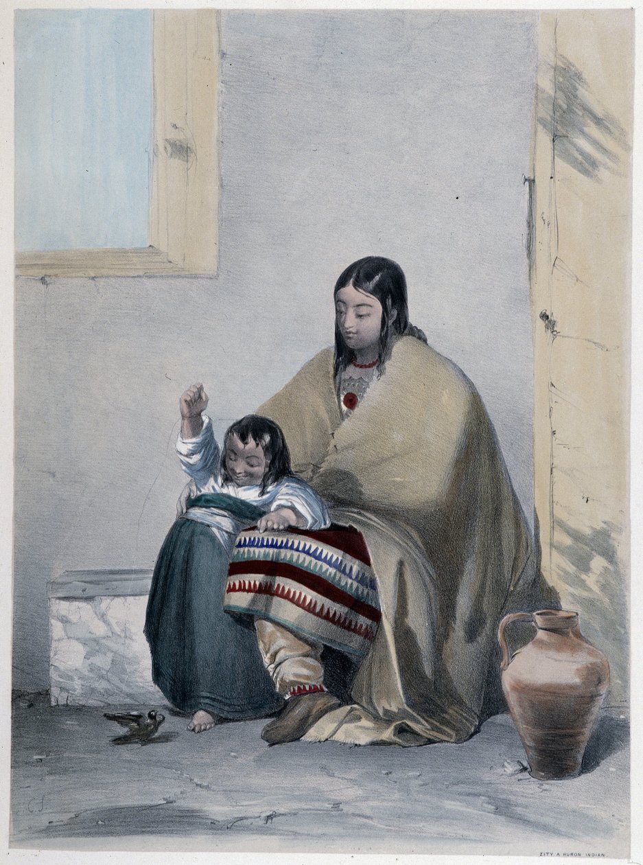 Porträtt av en Huron, indian av Kanada, med sitt barn - i "" Shyths sketcher in the Canadas"" av Coke Smyth, London av Unknown artist