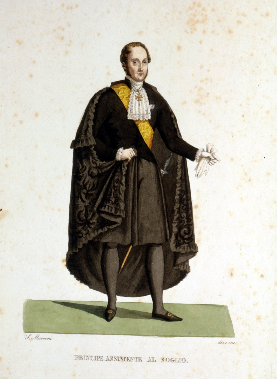 Porträtt av en assisterande prins av den heliga stolen som tjänstgjorde under ceremonier och besök. Gravyr av 1800-talet. av Unknown artist