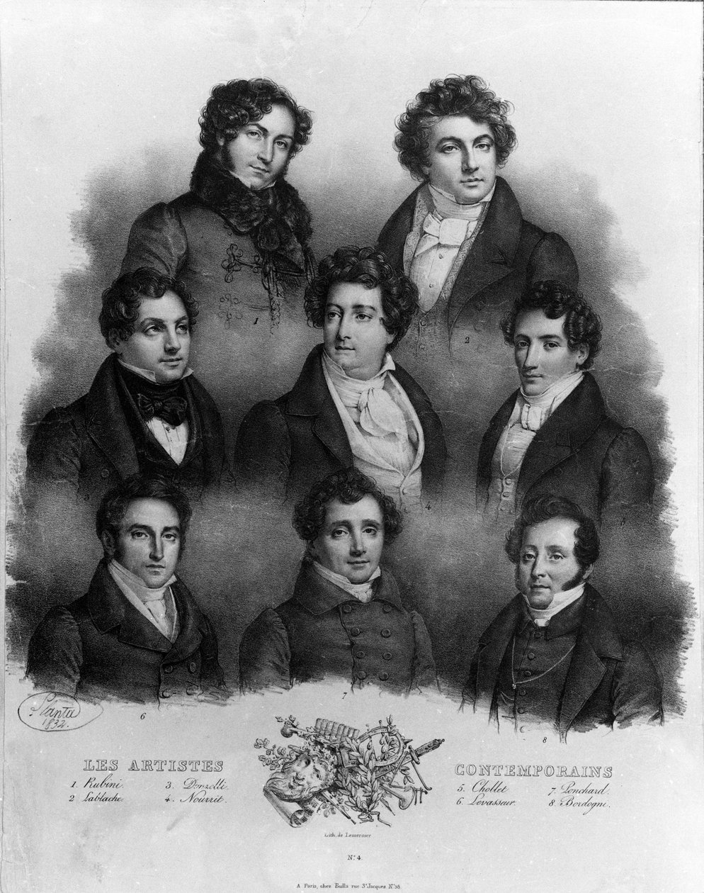 Porträtt av olika operasångare: 1 Giovanni Battista Rubini (1794-1854) 2 Luigi Lablache (1794-1858) 3 Domenico Donzelli (1790-1873) 4 Adolphe Nourrit (1802-1839) 5 Choblet; 6 Nicolas prosper Levasseur (Vasseuren) (1791-1871) 7 Louis Antoine Ponchard av Unknown artist