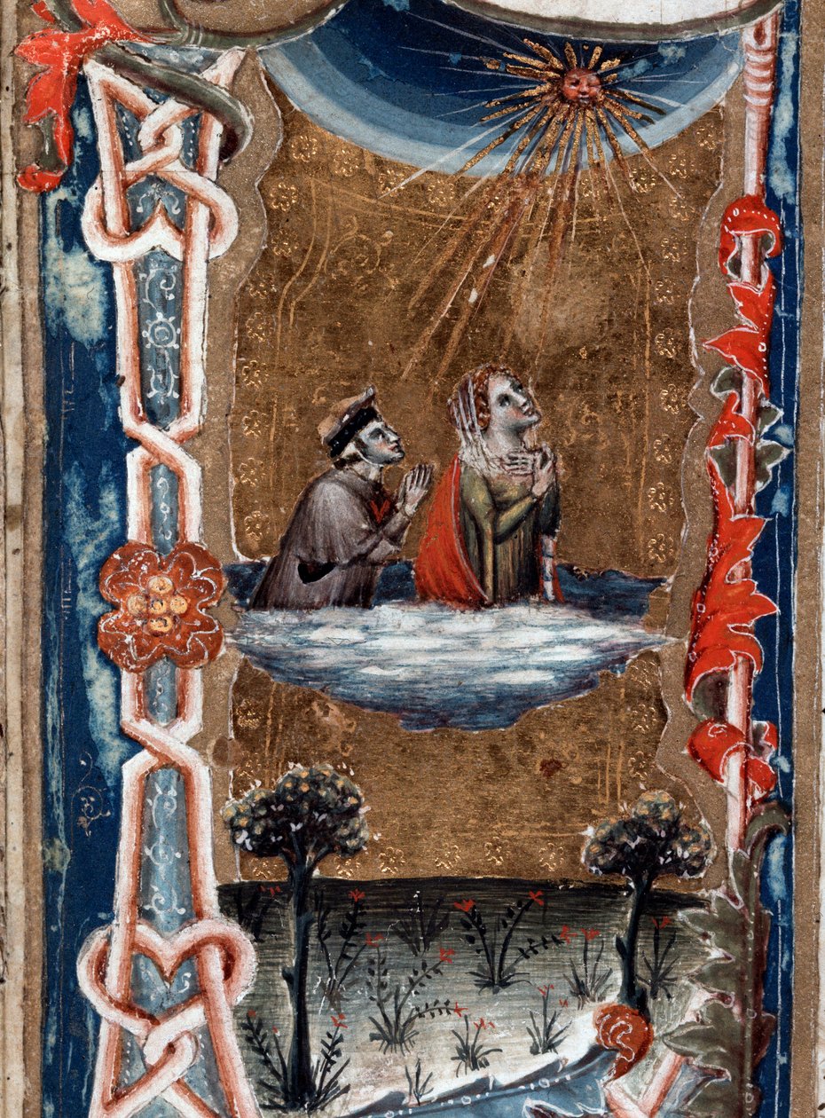 Porträtt av den italienska poeten Dante Alighieri med Beatrice, i den gudomliga komedin - miniatyr av Unknown artist
