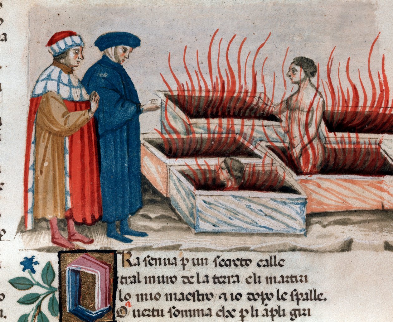 Porträtt av den italienska poeten Dante Alighieri med Vergilius bland kättare som Farinata degli Uberti (sång 10 från helvetet, i den gudomliga komedin) - miniatyr 1400-talet av Unknown artist