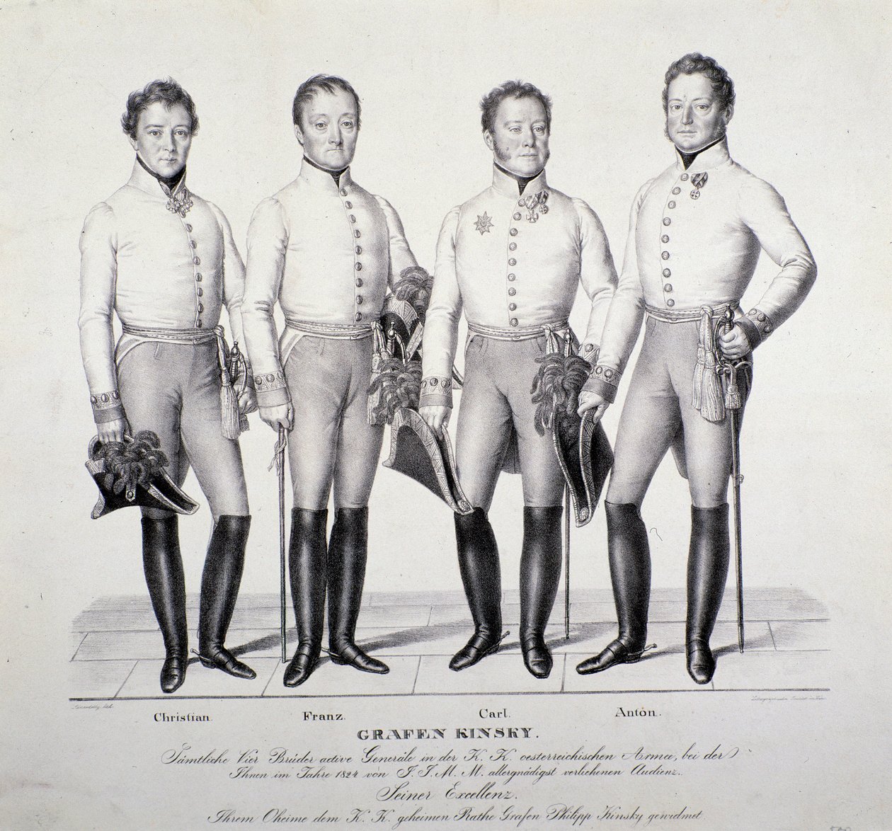 Porträtt av prinsar av familjen Kinsky från Böhmen: Christian, Franz, Carl och Anton ( Litografi av Unknown artist