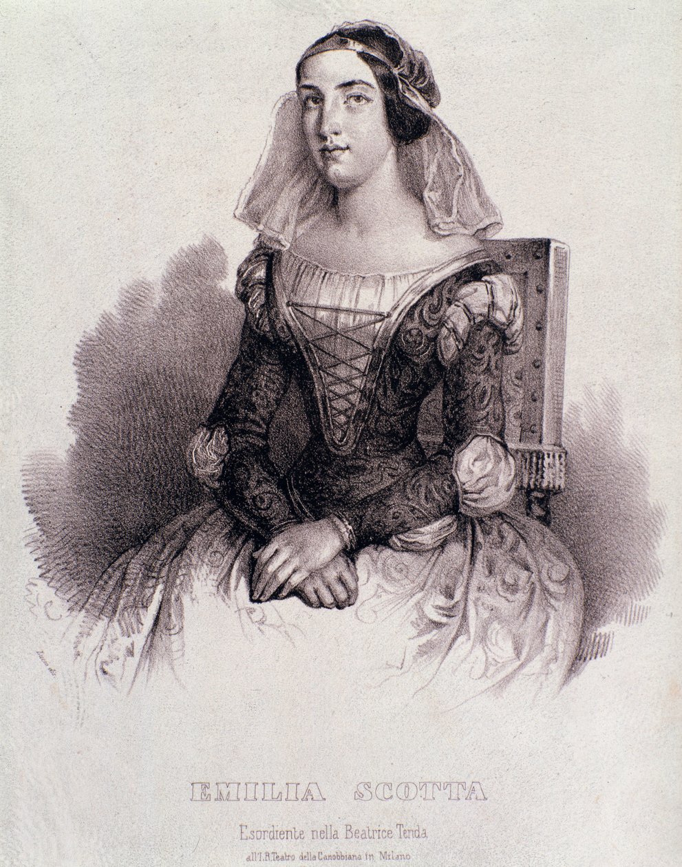 Porträtt av sångerskan Emilia Scotta i operan Beatrice de Tende av Unknown artist