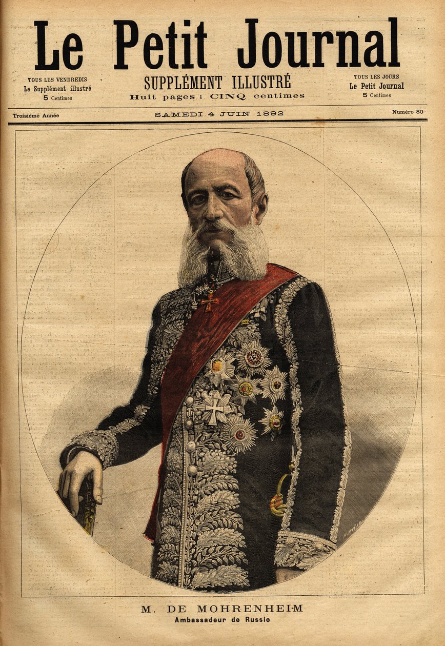 Porträtt av baronen av Mohrenheim, rysk ambassadör i Frankrike från 1884 till 1898. Gravyr i "" Le petit journal"" 1892-06-04. Selvas samling. av Unknown artist