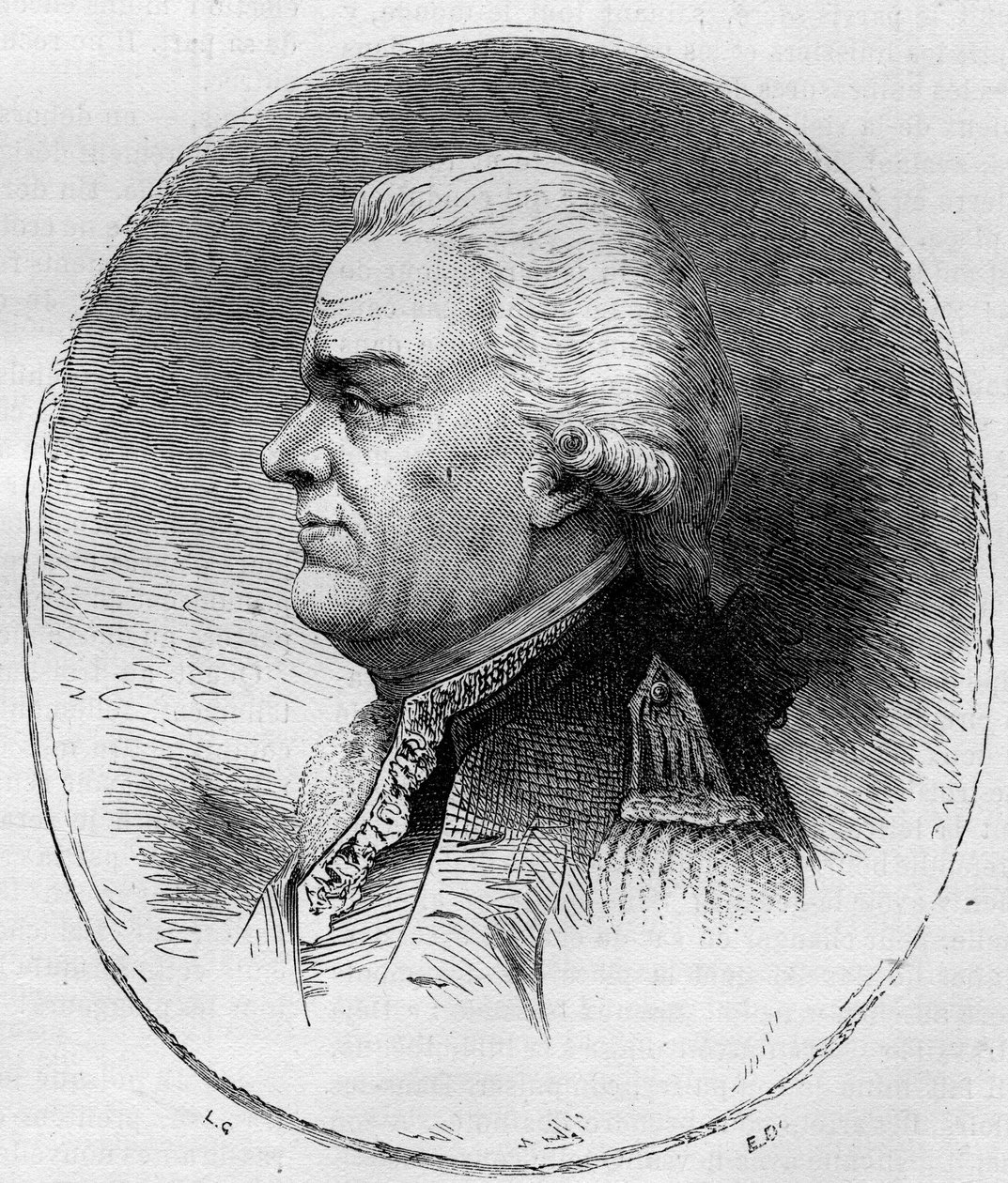 Porträtt av greven av Grasse (Francois Joseph Paul, Marquis de Grasse Tilly) (1722-1788), fransk amiral som deltog i det amerikanska frihetskriget (1775-1783). Gravyr från 1881. av Unknown artist