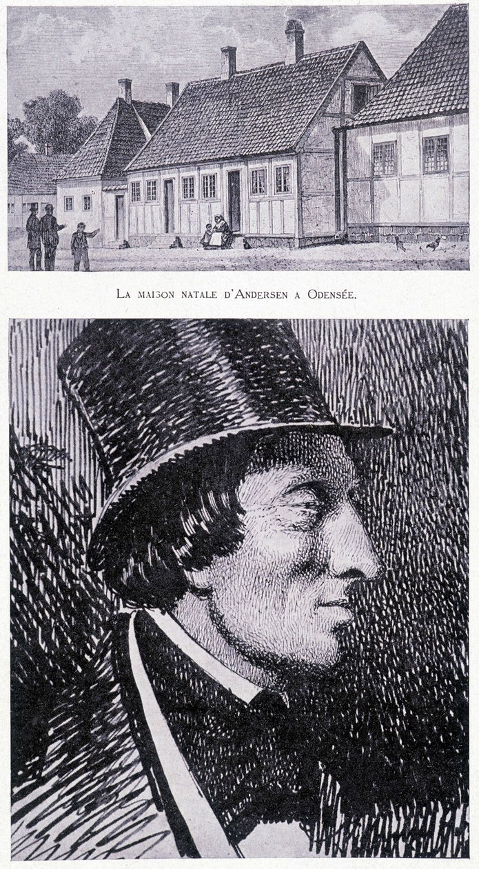 Porträtt av den danske författaren Hans Andersen (1805 - 1875) och hans hus i Odensee, Danmark, cirka 1832. av Unknown artist