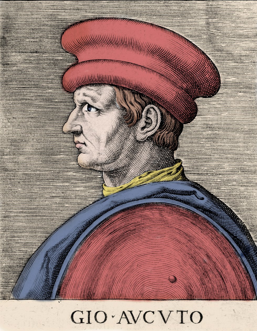 Porträtt av den engelske legosoldaten och kondottiären John Hawkwood (Jean Haccoude eller Giovanni Acuto) (1320-1394) Xylografi av 1500-talet av Unknown artist
