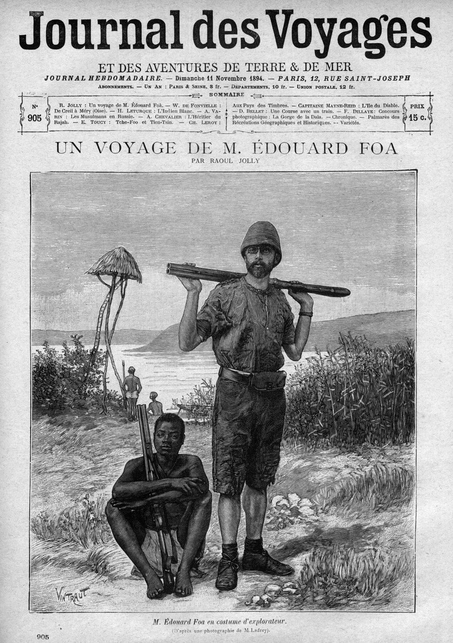 Porträtt av utforskaren Edouard Foa (1862-1901) graverad i "" Le journal des voyages"" nummer 905, 11 november av Unknown artist