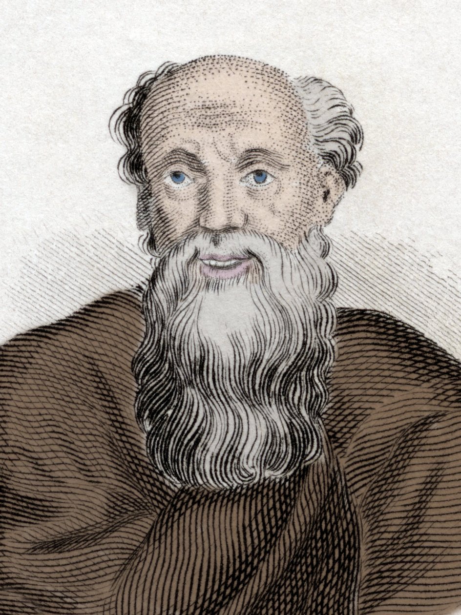 Porträtt av den grekiske filosofen Democrito (Democritus) (460-370 Av JC), Democritus av Abdera. Gravyr av 1800-talet. av Unknown artist