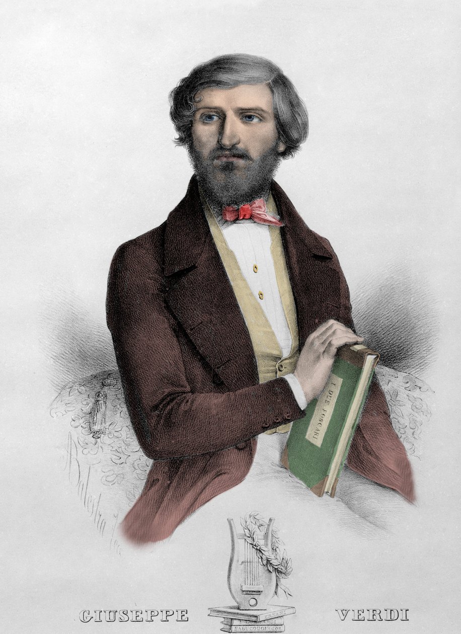 Porträtt av den italienska kompositören Giuseppe Verdi (1813 - 1901) med partituren för "" i Due Foscari"" gravyr från 1844. av Unknown artist