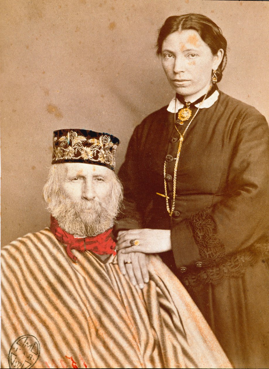 Porträtt av den italienska patrioten och hjältarna av Risorgimento Giuseppe Garibaldi (1807-1882) med sin tredje fru Francesca Armosino av Unknown artist