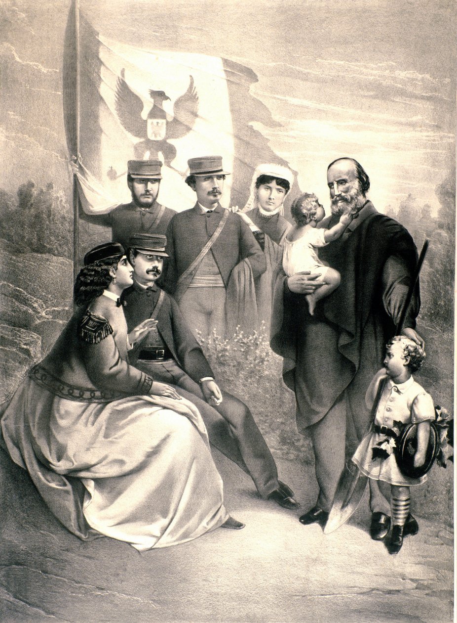 Porträtt av den italienska patrioten och hjältar av Risorgimento Giuseppe Garibaldi (1807-1882) omger hans barn Menotti, Ricciotti stående och Teresita, Francesca Armosino och den lilla Manlio och Clelia. Illustration omkring 1870. Privat samling av Unknown artist