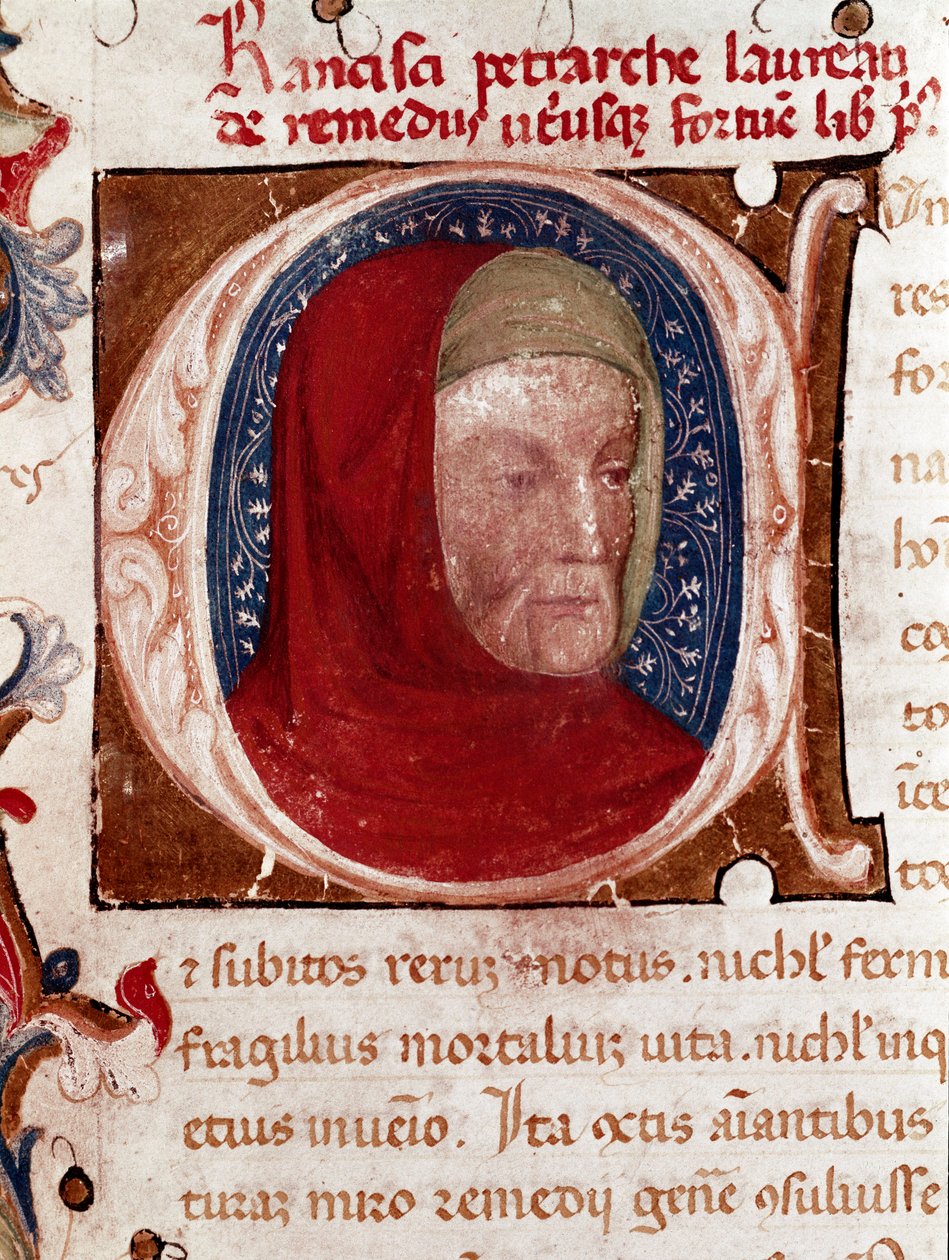 Porträtt av den italienska poeten Francesco Petrarca (Petrarque) (1304-1374) Detalj. Sidan hämtad från manuskriptet "Les remedes aux deux fortunes" (De remediis Utriusque Fortunae) av Petrarch. 1360-1366 Venedig, Biblioteca marciana av Unknown artist
