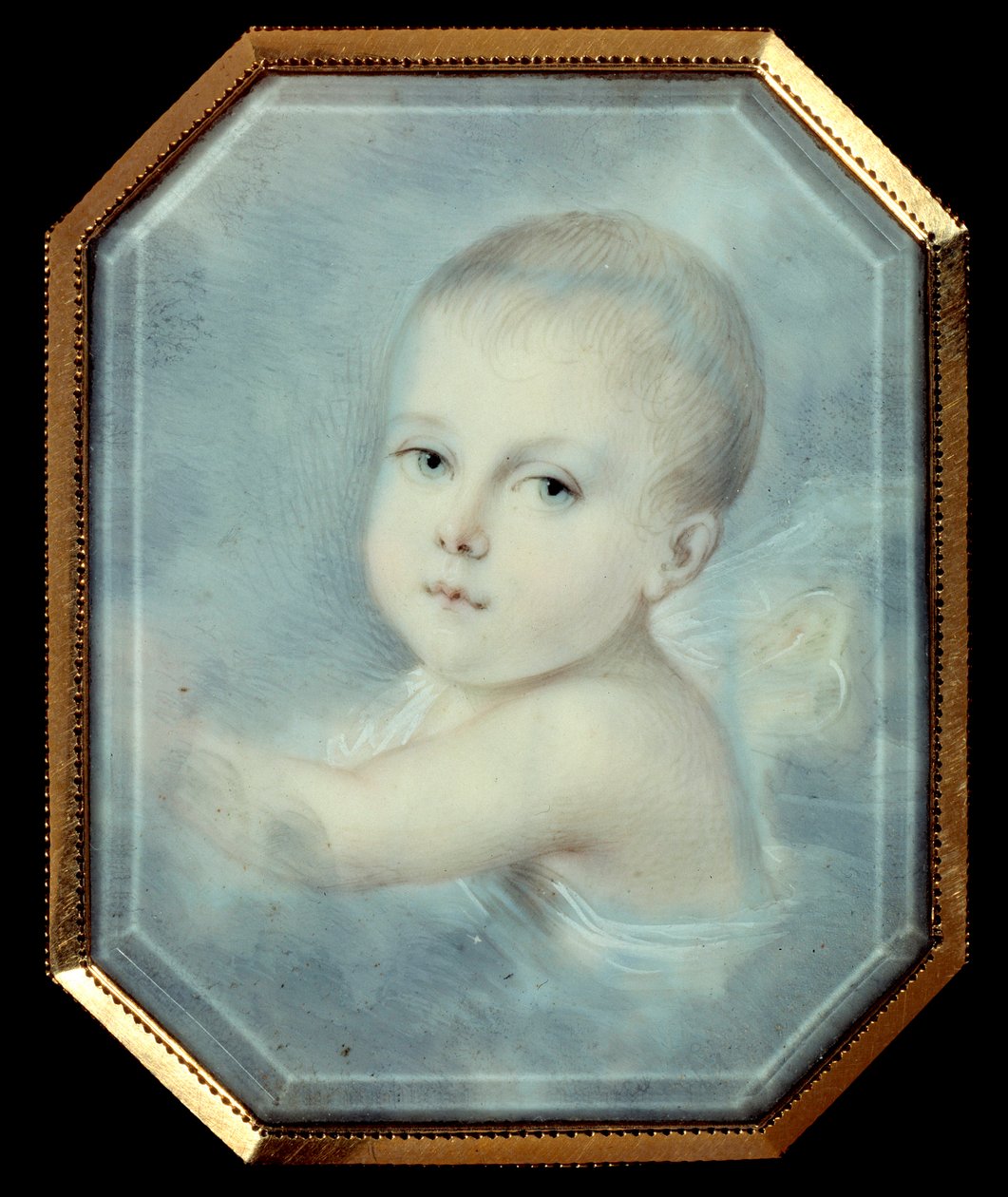 Porträtt av kungen av Rom bebe (1811-1832), son till kejsar Napoleon I (1769-1821) och blivande Napoleon II. Anonym oktagonal medaljong från 1800-talet. Akvarell under glas. Paris, Musee De La Legion d