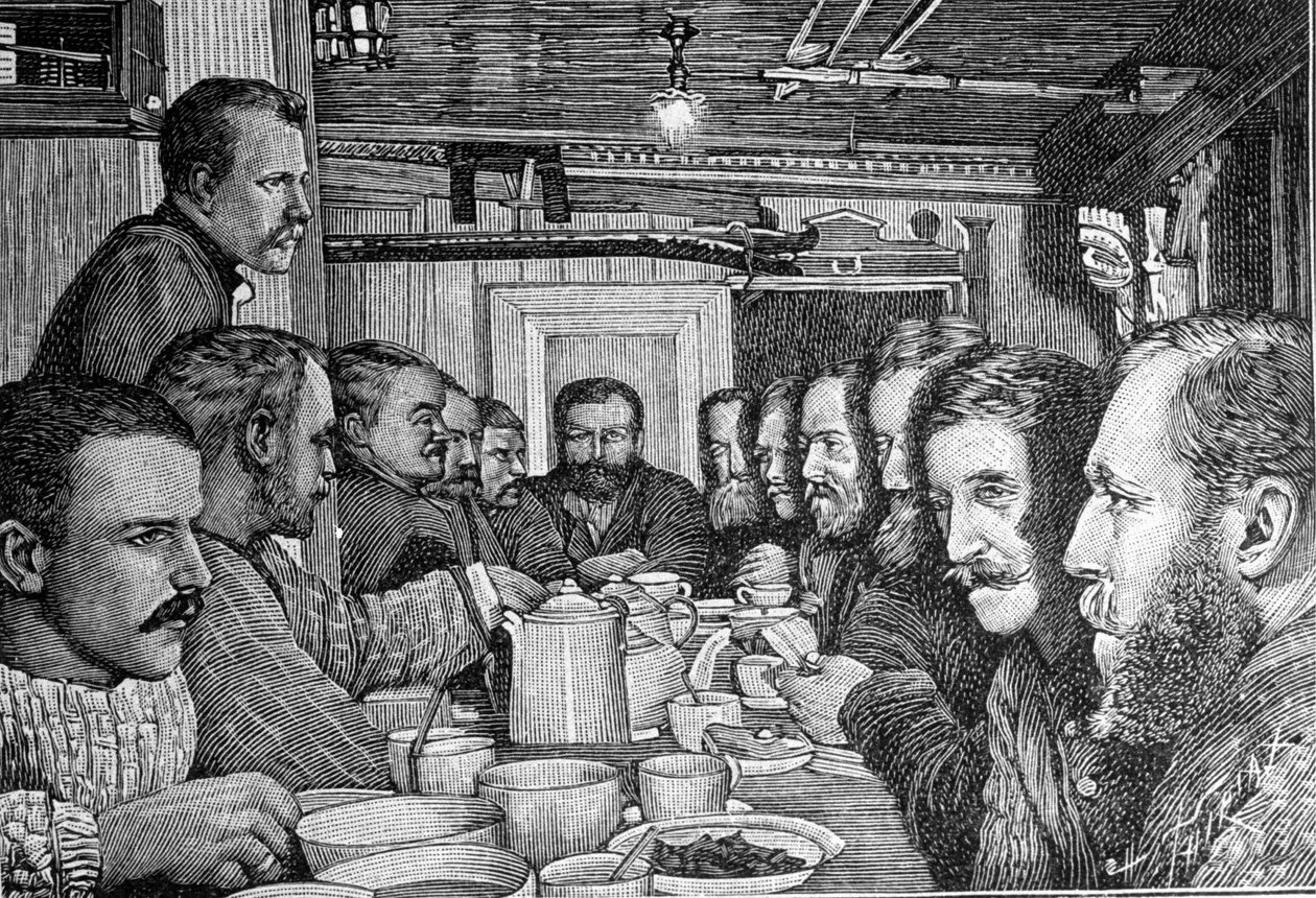 Porträtt av den norske upptäcktsresanden Fridtjof Nansen (1861-1930), vetenskapsman och diplomat, som tillkännager sin plan att närma sig nordpolen för besättningen på fartyget Fram omkring 1897. Gravyr av Unknown artist
