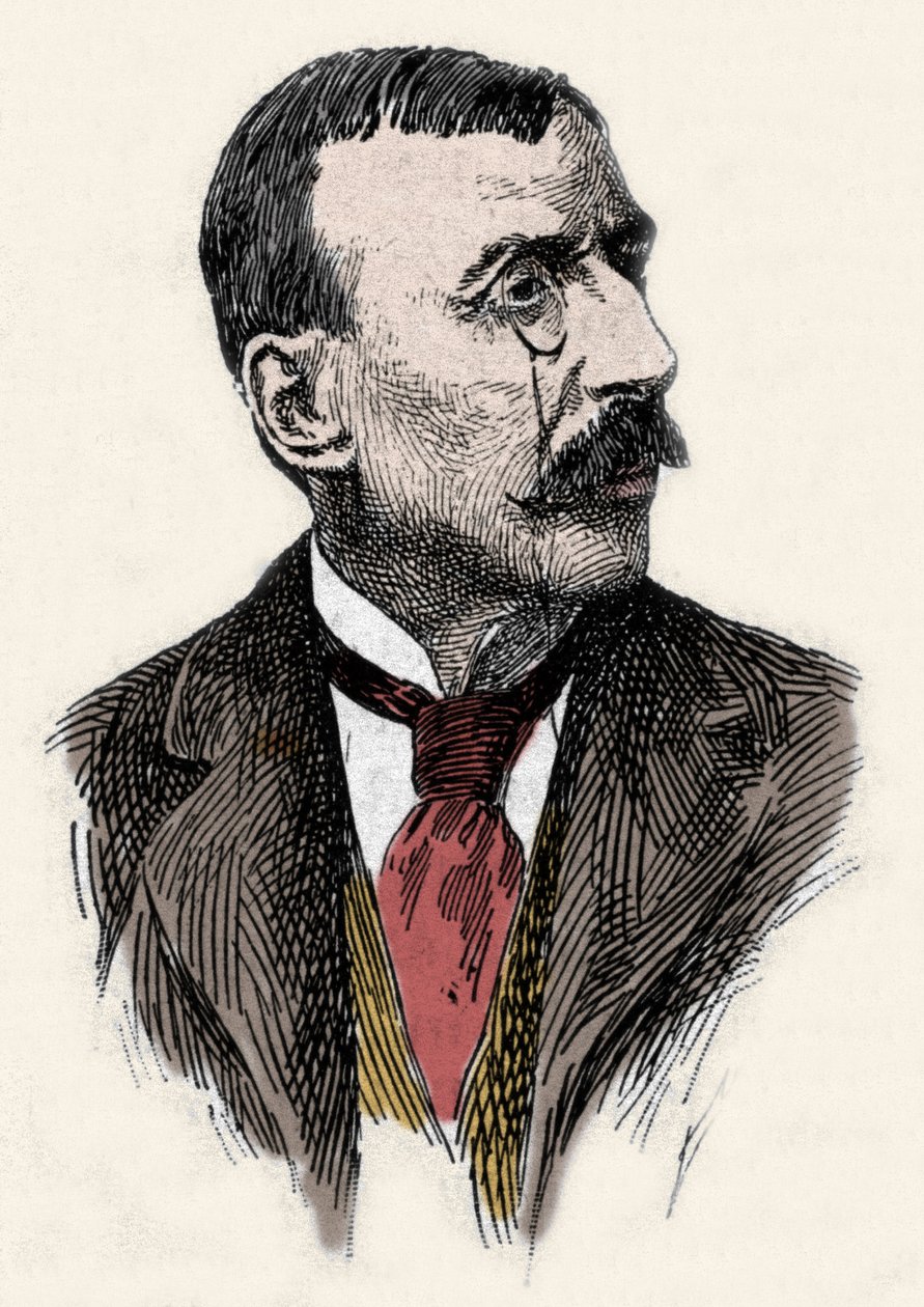 Porträtt av den portugisiske författaren och diplomaten Jose Maria de Eeca de Queiros eller Queiroz (1845-1900). Gravyr av 1800-talet av Unknown artist