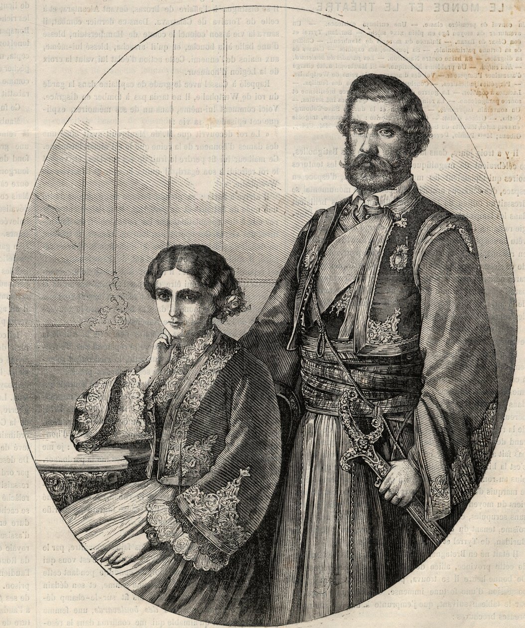 Porträtt av prinsen av Serbien Michael III (1823-1868) och prinsessan Julie (1831-1919). Gravyr i "" L