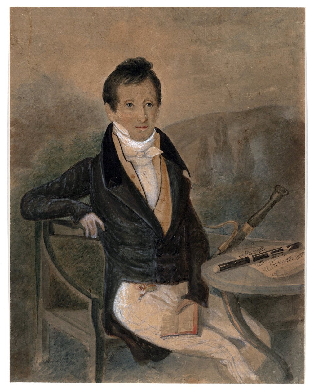 Porträtt av flöjtspelaren Jean-Louis Tulou (1786-1865) par Anonym, ca. 1840 - Akvarell och vit färg på papper, 20,6x16,2 - Privat samling av Unknown artist