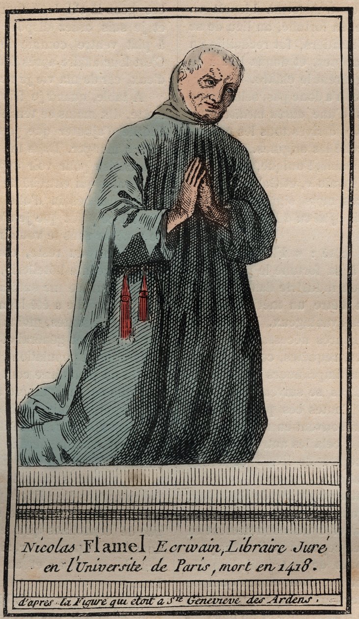 Porträtt av den franske alkemisten Nicolas Flamel (1330-1418) - Gravyr - Porträtt av den engelske alkemisten Nicolas Flamel - Gravyr Privat samling av Unknown artist