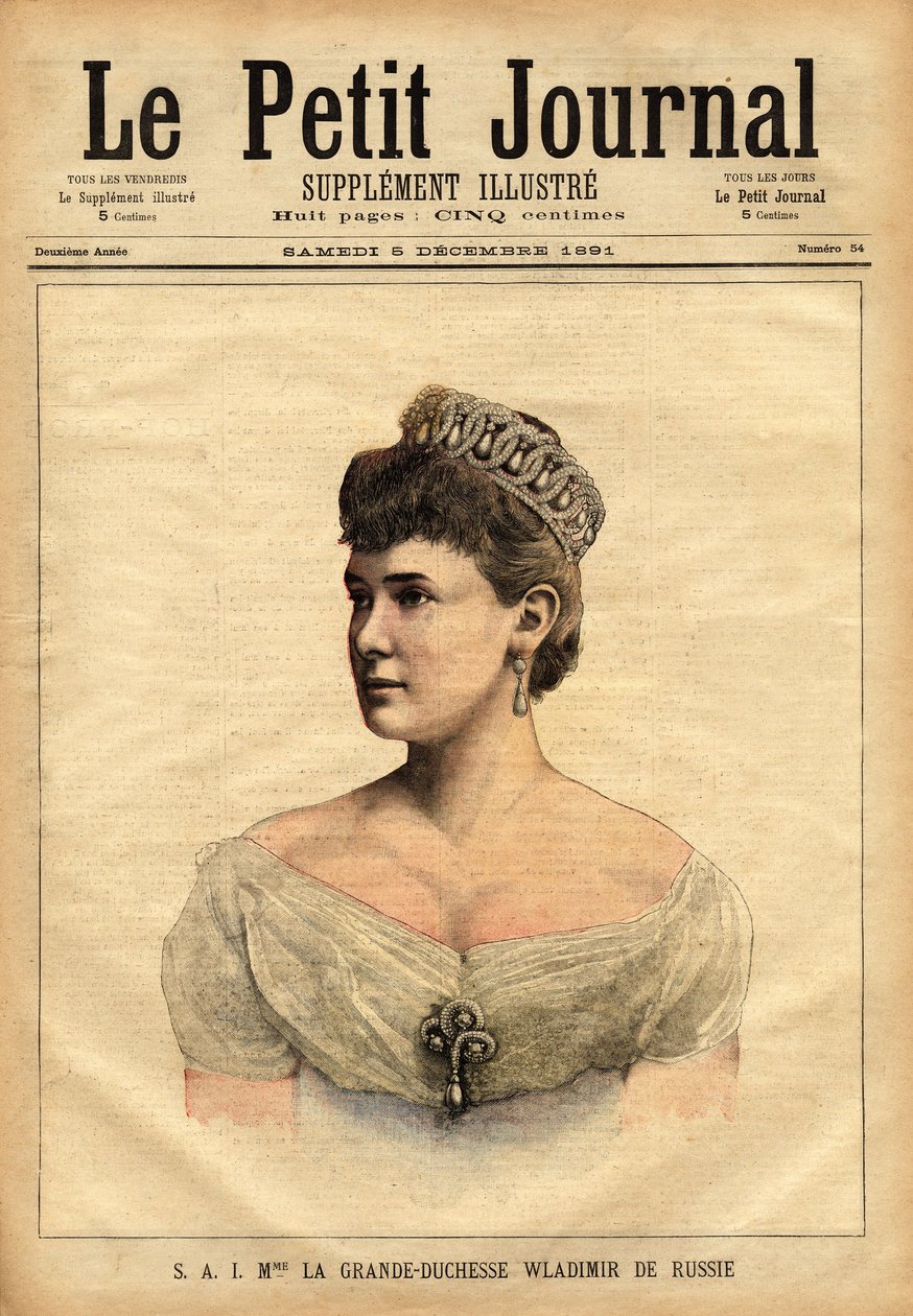 Porträtt av den stora hertiginnan Vladimir av Ryssland, född 1854, prinsessan Mary av Mecklenburg-Schwerin (Mecklenburg Schwerin) och gifte sig 1874 med tsarens yngre bror, storfursten Vladimir Alexandrovich Romanov (1847-1909). Gravyr i "" Le peti av Unknown artist