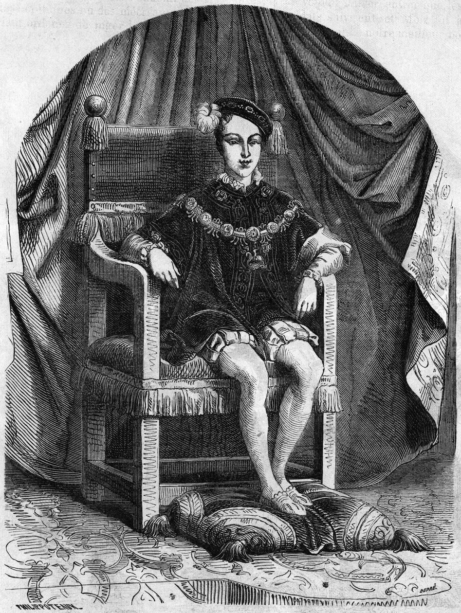 Porträtt av den unge kung Edward VI av England och Irland (1537-1553), gravyr från 1800-talet. av Unknown artist