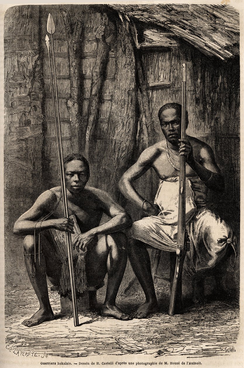 Porträtt av två Bakali-krigare. Teckning av H.Castelli, för att illustrera resan till Gabon, 1861-1864, av doktor Griffon du Bellay. Gravyr i "" Le tour du monde"", redigerad av Edouard Charton av Unknown artist