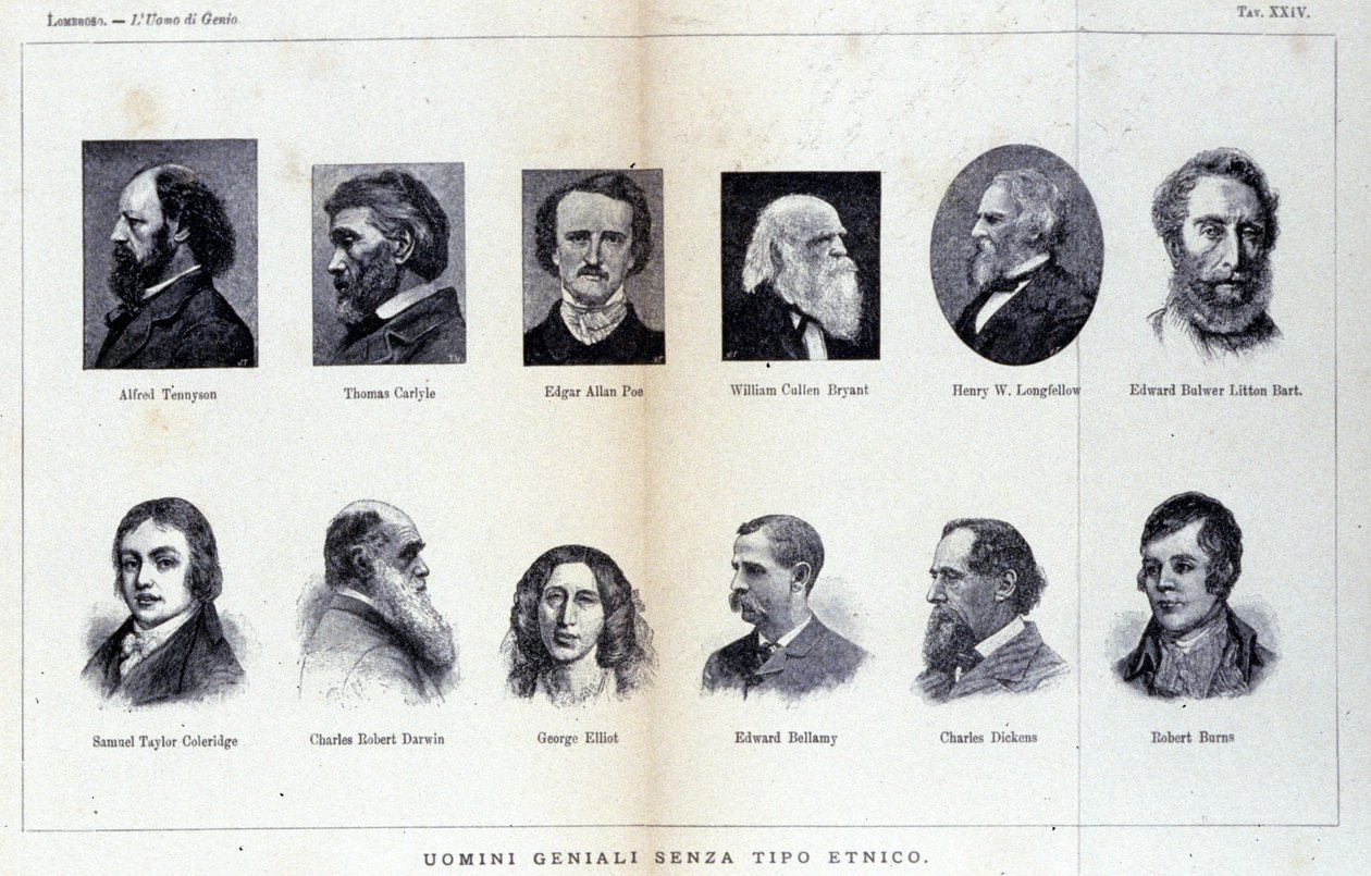 Porträtt av olika män av geni. Studie publicerad i ""The man of genius"" av Cesare Lombroso (1835-1909) av Unknown artist