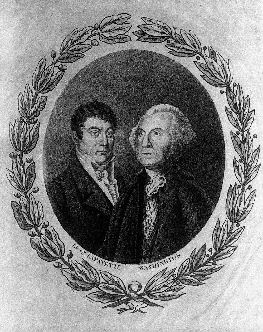 Porträtt av General La Fayette (Lafayette) och Georges Washington - gravyr av Unknown artist