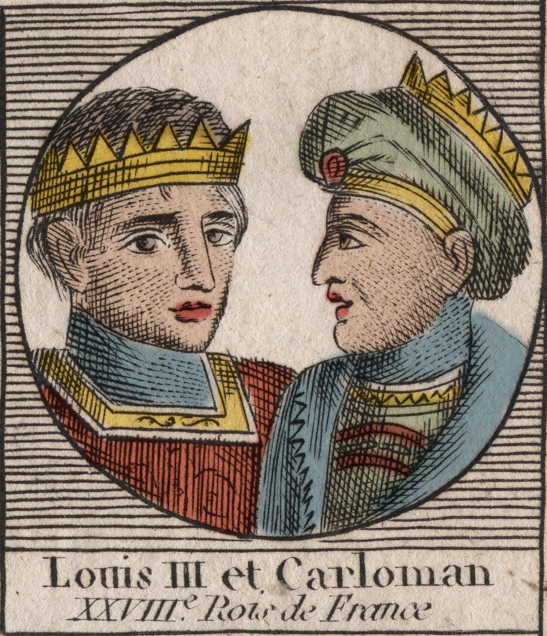 Porträtt av Ludvig III (863/65-882) francens kung mellan 879 och 882 och Carloman II (866-884), frankernas kung från 879 till 884 - Ludvig II, kung av Västfrankien och Carloman II, kung av västra Frankrike Francia - gravyr från "Instruction sur l