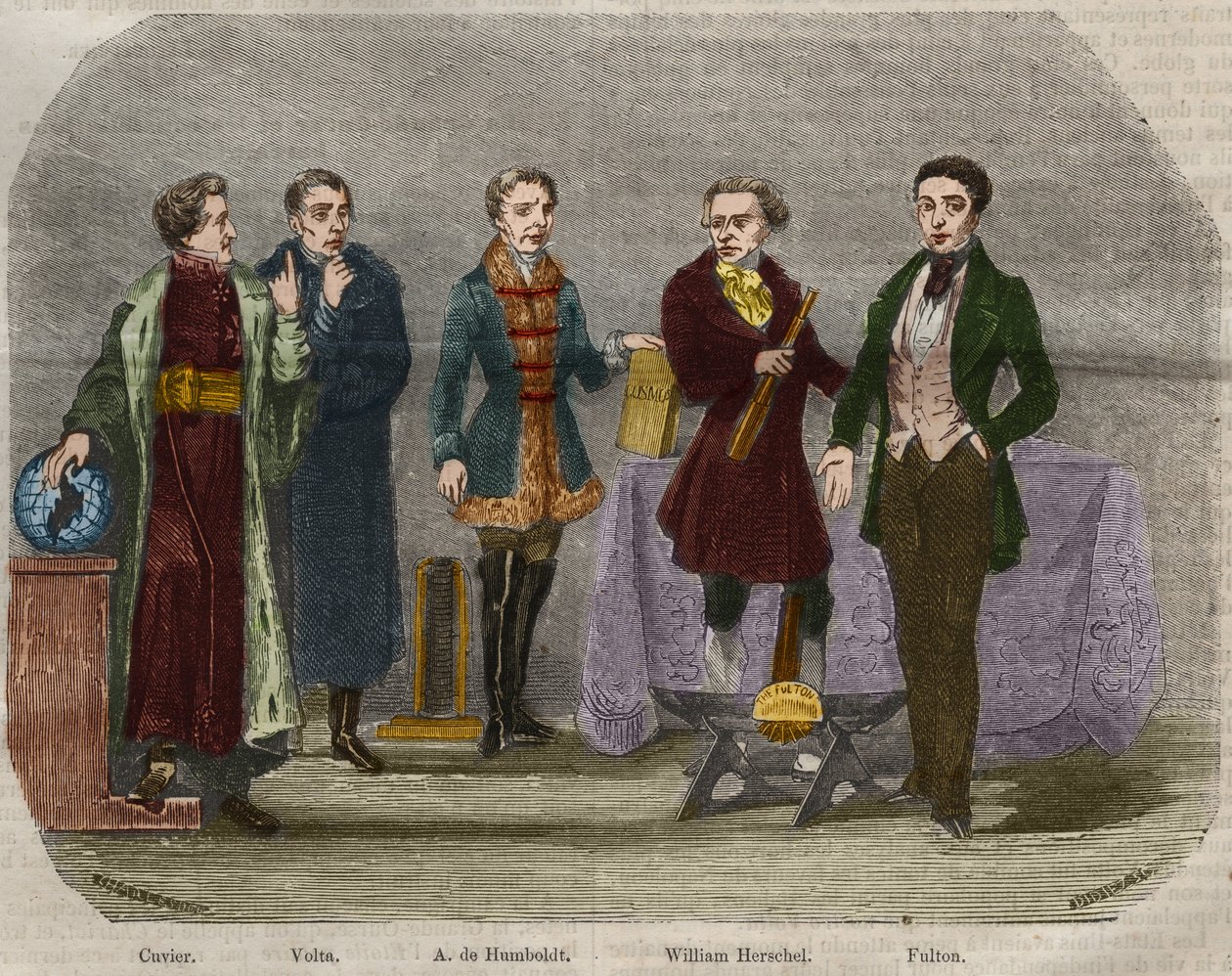 Porträtt av vetenskapsmännen Georges Cuvier (1764-1832), Alessandro (Alexandre) Volta (1745-1827), Alexander Von Humboldt (Alexandre de Humboldt av Unknown artist