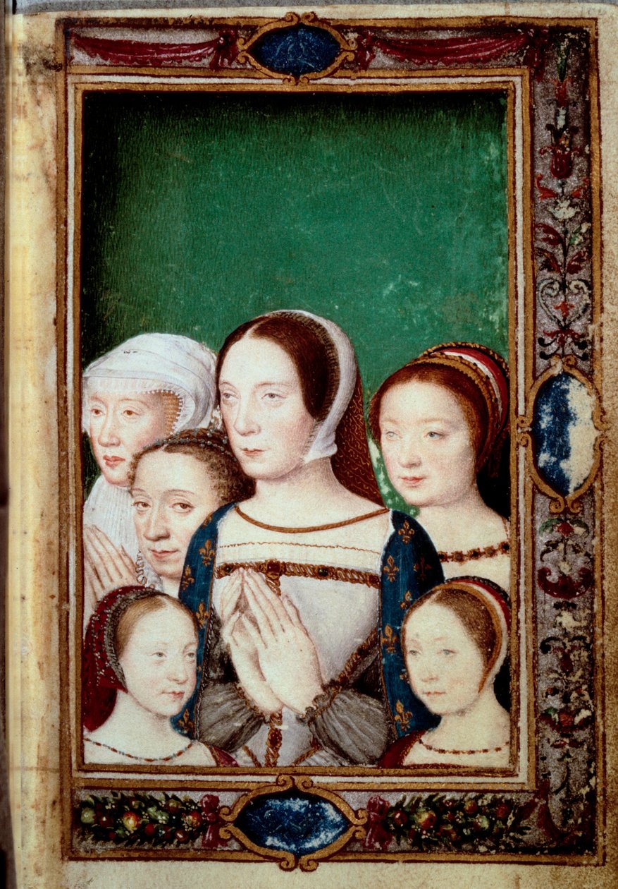 Porträtt av Francois I:s döttrar och hans två fruar. Flickor: Louise (1515 - 1517). Charlotte (1516 - 1524), Madeleine (1520-1537), Marguerite (1523-1574). Claude av Frankrike (1499-1524) och Eleonore av Habsburg (1498 - 1558). Miniatyr i "" Book of ho av Unknown artist