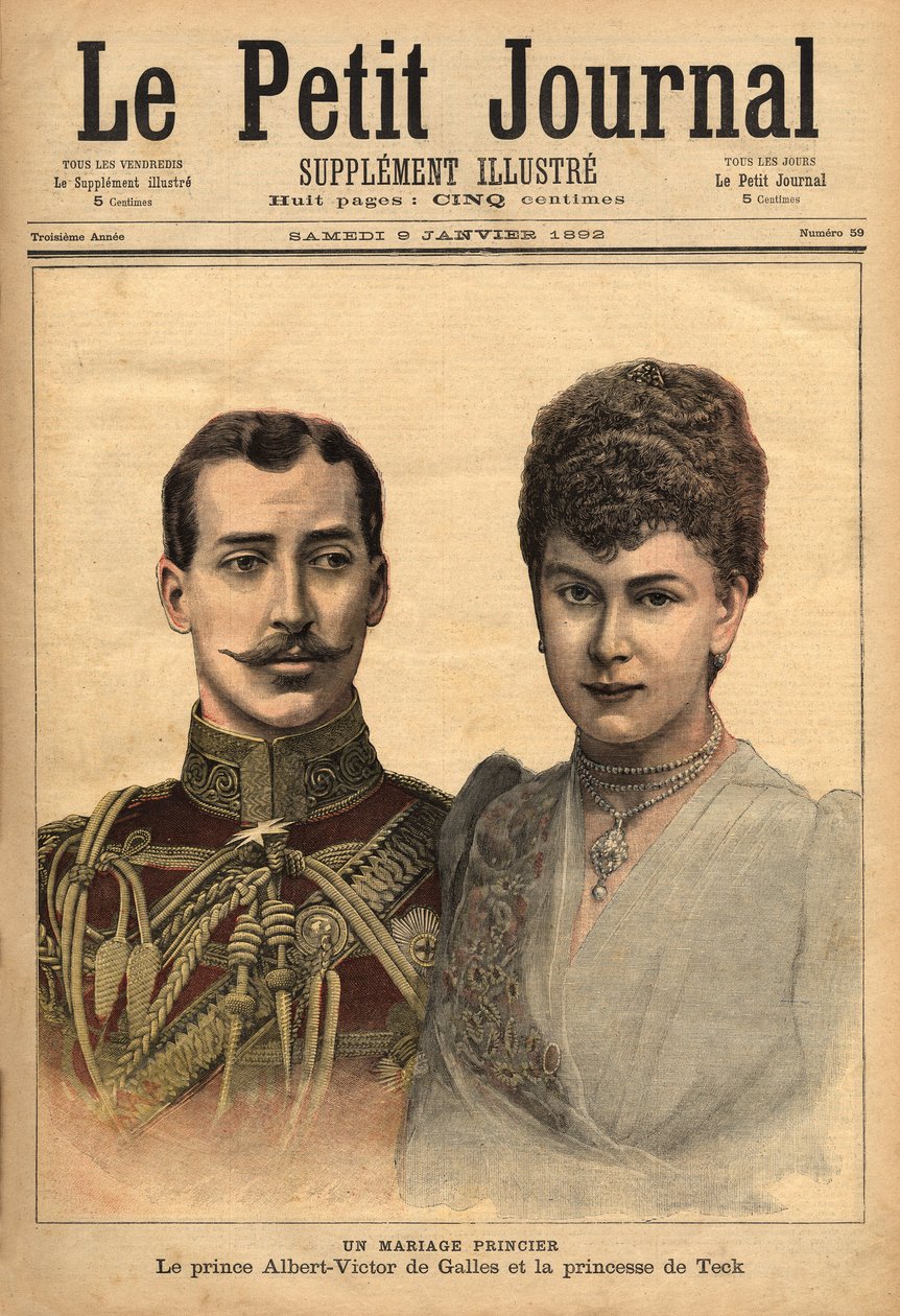 Porträtt i samband med tillkännagivandet av deras äktenskap, av prins Albert Victor, hertig av Clarence och Avondale med Mary of Teck, Le Petit Journal, 1892-01-09 av Unknown artist